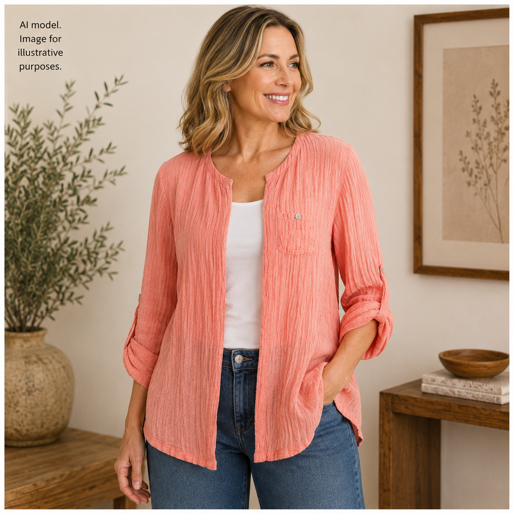 Soft Surroundings Shirt Women Large Pink Coral Crinkle Linen Cotton Open Shacket